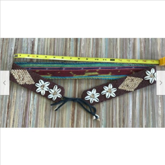Guatemala Tie-on Belt Beaded & Cowrie Shells Design Flower Pattern Boho Beach - Picture 4 of 7